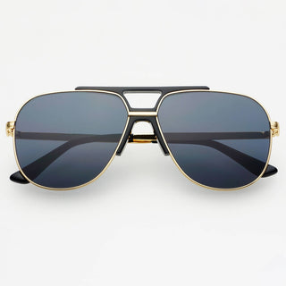 Aviator sunglasses with gold frame and dark lenses on a white background