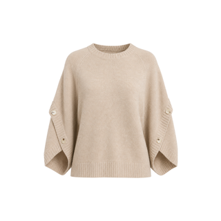 A light beige knit sweater with a crew neck and wide, draped sleeves featuring decorative buttons, shown on a plain white background.