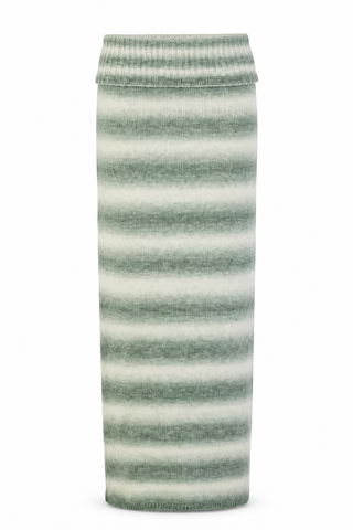 A long, narrow knit garment with horizontal stripes in sage green and off-white, shown against a plain white background.