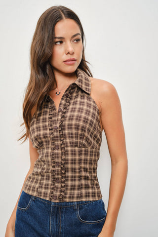 Phil Plaid Halter Top in Brown