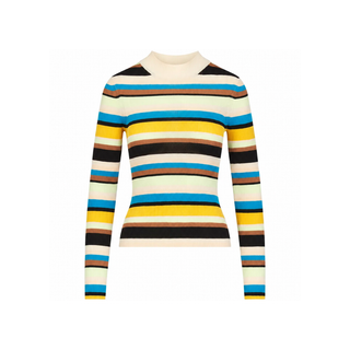 A long-sleeve mock neck knit top with horizontal multicolor stripes in yellow, blue, black, brown, and cream, displayed on a clean white background.