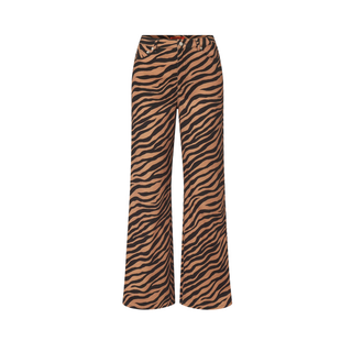 Wide-leg trousers featuring a bold brown and black tiger stripe pattern, displayed on a clean white background.