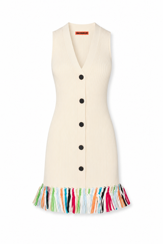 An off-white ribbed knit sleeveless vest with a V-neck, front button closure, and a colorful fringe trim at the hem, shown against a plain white background.