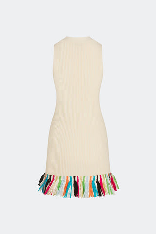 An off-white ribbed knit sleeveless dress with a colorful fringe tassel hem, shown against a light gray background.