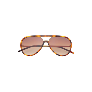 A pair of classic aviator sunglasses with a tortoiseshell frame and gradient brown lenses, shown against a plain white background.