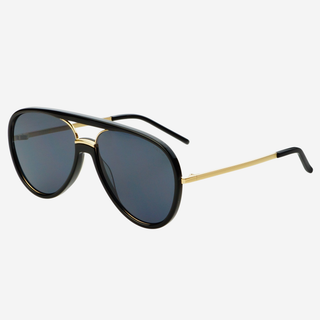 Aviator sunglasses with black lenses and gold frames on a white background