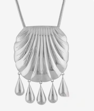 Silver shell fringe pendant necklace on a 26-inch snake chain featuring a carved shell and teardrop fringe detailing.