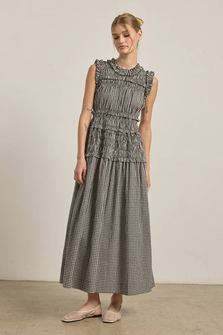 Smocked Gingham Maxi Dress in Black