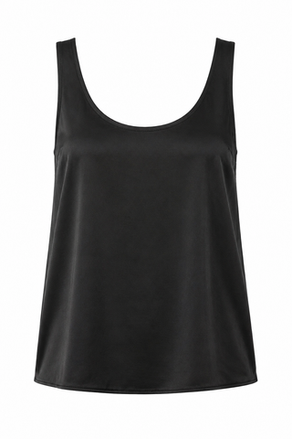 A black sleeveless scoop-neck tank top displayed against a plain white background.