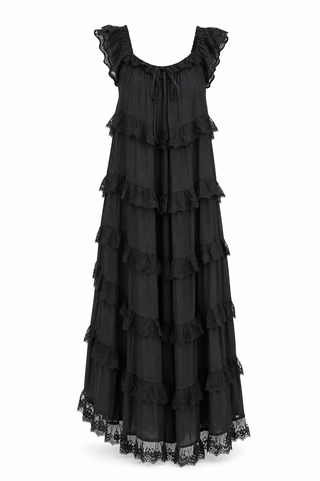 Tiered Lace-Trim Flowy Maxi Dress in Black
