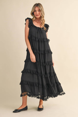 Tiered Lace-Trim Flowy Maxi Dress in Black