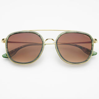 Sunglasses with gold frame and brown lenses on a white background