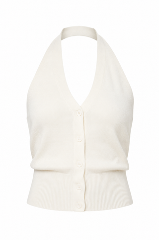 An off-white knit halter cardigan with a button-up front, ribbed hem, and structured shoulders, shown on a plain white background.