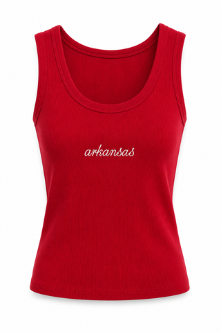 A red sleeveless scoop-neck tank top with the word 'arkansas' embroidered in white cursive script across the chest, shown on a plain white background.