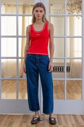Contrast Stitch Fish Patch Rib Tank in Red