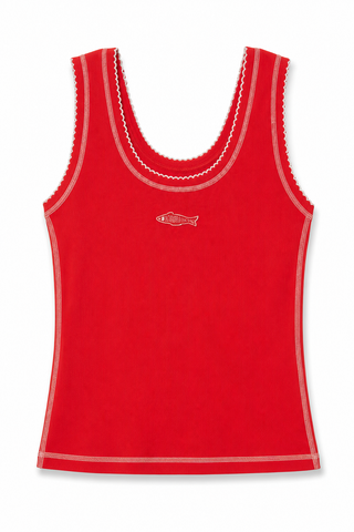 Contrast Stitch Fish Patch Rib Tank in Red