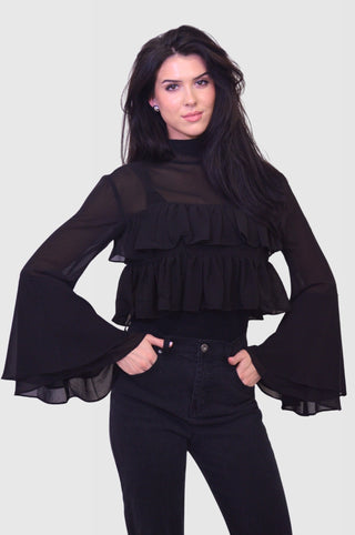 Flounce Ruffle Cropped Bell Sleeve Chiffon BlouseClothingChayse Clothing