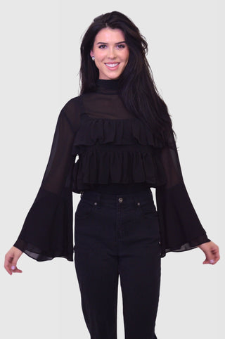 Flounce Ruffle Cropped Bell Sleeve Chiffon BlouseClothingChayse Clothing