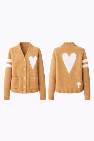 HEART Chunky Knit Varsity Cardigan in Tan & IvoryClothingChayse Clothing