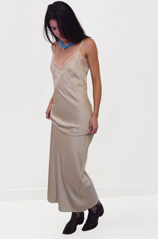 Lace Detailed Maxi Satin Dress in BeigeDressChayse Clothing
