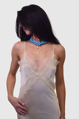 Lace Detailed Maxi Satin Dress in BeigeDressChayse Clothing