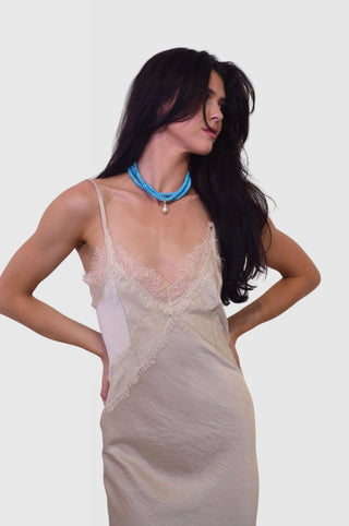 Lace Detailed Maxi Satin Dress in BeigeDressChayse Clothing