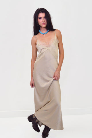 Lace Detailed Maxi Satin Dress in BeigeDressChayse Clothing