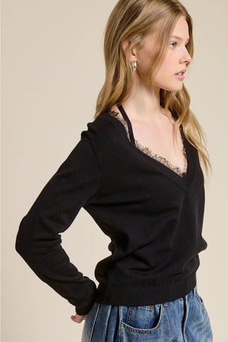 Lace Trim Black V - Neck Lightweight Knit TopTopChayse Clothing