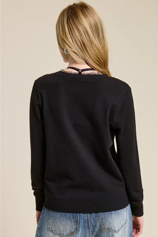 Lace Trim Black V - Neck Lightweight Knit TopTopChayse Clothing