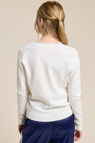 Lace Trim Ivory V - Neck Lightweight Knit TopTopChayse Clothing