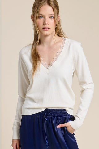 Lace Trim Ivory V - Neck Lightweight Knit TopTopChayse Clothing