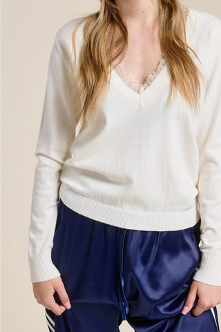 Lace Trim Ivory V - Neck Lightweight Knit TopTopChayse Clothing