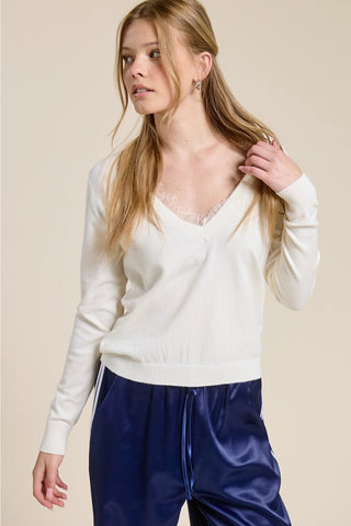 Lace Trim Ivory V - Neck Lightweight Knit TopTopChayse Clothing