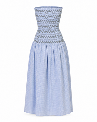 Line + Dot Brandy smocked strapless striped dress in Blue Multi at CHAYSE Fayetteville Arkansas boutique