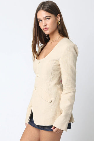 Linen Scoop Neck Blazer in NaturalClothingChayse Clothing