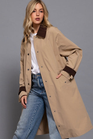 Long Sleeve Contrast Collar Button Down Trench Coat in KhakiOuterwearChayse Clothing