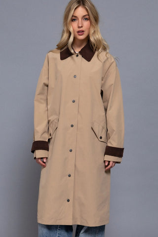 Long Sleeve Contrast Collar Button Down Trench Coat in KhakiOuterwearChayse Clothing