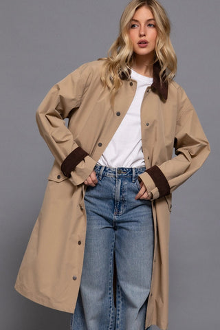 Long Sleeve Contrast Collar Button Down Trench Coat in KhakiOuterwearChayse Clothing