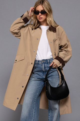 Long Sleeve Contrast Collar Button Down Trench Coat in KhakiOuterwearChayse Clothing