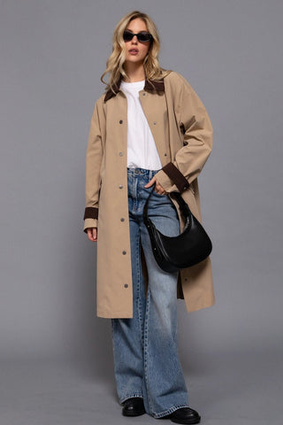 Long Sleeve Contrast Collar Button Down Trench Coat in KhakiOuterwearChayse Clothing