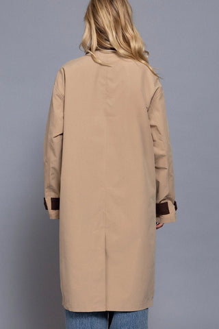 Long Sleeve Contrast Collar Button Down Trench Coat in KhakiOuterwearChayse Clothing