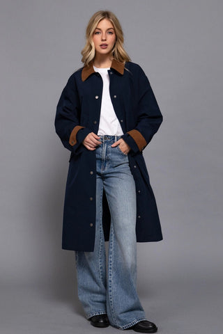 Long Sleeve Contrast Collar Button Down Trench Coat in NavyOuterwearChayse Clothing
