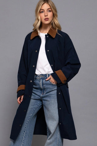 Long Sleeve Contrast Collar Button Down Trench Coat in NavyOuterwearChayse Clothing