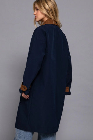 Long Sleeve Contrast Collar Button Down Trench Coat in NavyOuterwearChayse Clothing