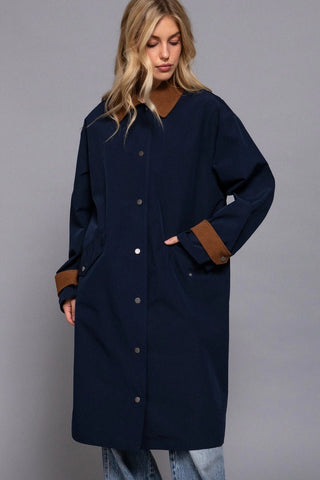 Long Sleeve Contrast Collar Button Down Trench Coat in NavyOuterwearChayse Clothing