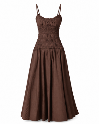 Luna Smocked Maxi Cotton Dress in Coffee Bean Brown