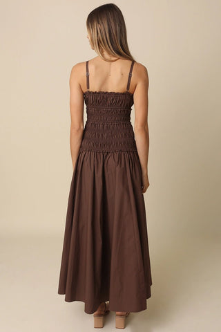 Luna Smocked Maxi Cotton Dress in Coffee Bean BrownDressChayse Clothing