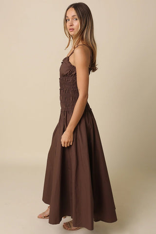 Luna Smocked Maxi Cotton Dress in Coffee Bean BrownDressChayse Clothing