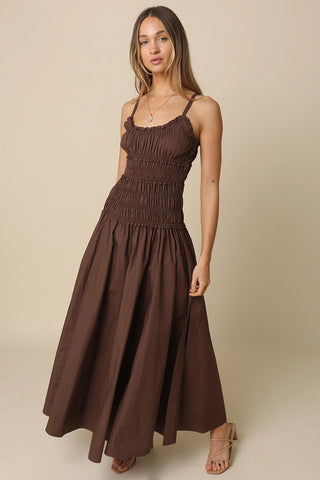 Luna Smocked Maxi Cotton Dress in Coffee Bean BrownDressChayse Clothing