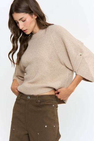 Maren Button-Sleeve Relaxed Knit PulloverTopChayse Clothing